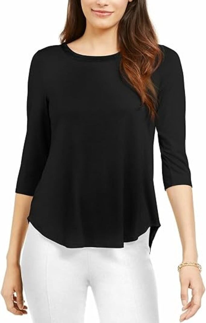 NWT Alfani Black Pure Cinder 3/4 Sleeve Crew Neck Top Women's Size Small